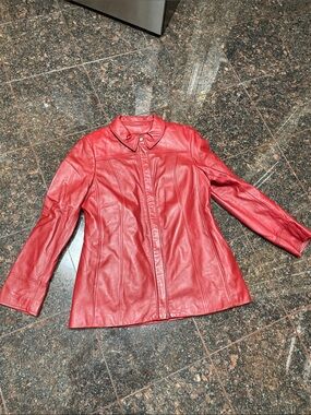 Danier Red Leather Fitted Jacket with Classic Collar